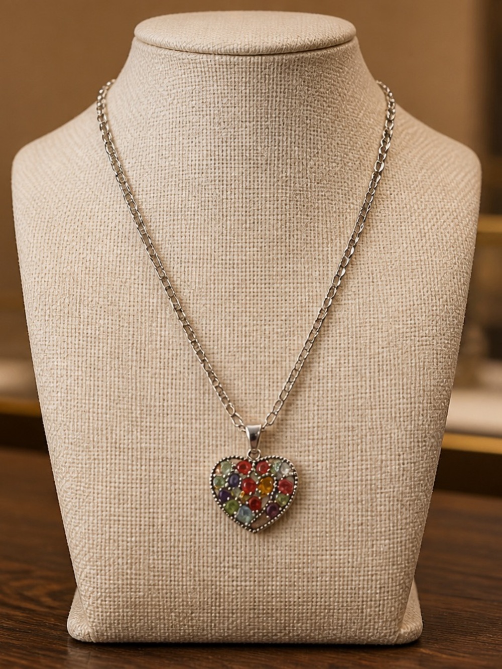 Multicolor Heart Pendant Necklace in Silver Tone - Women Jewelry